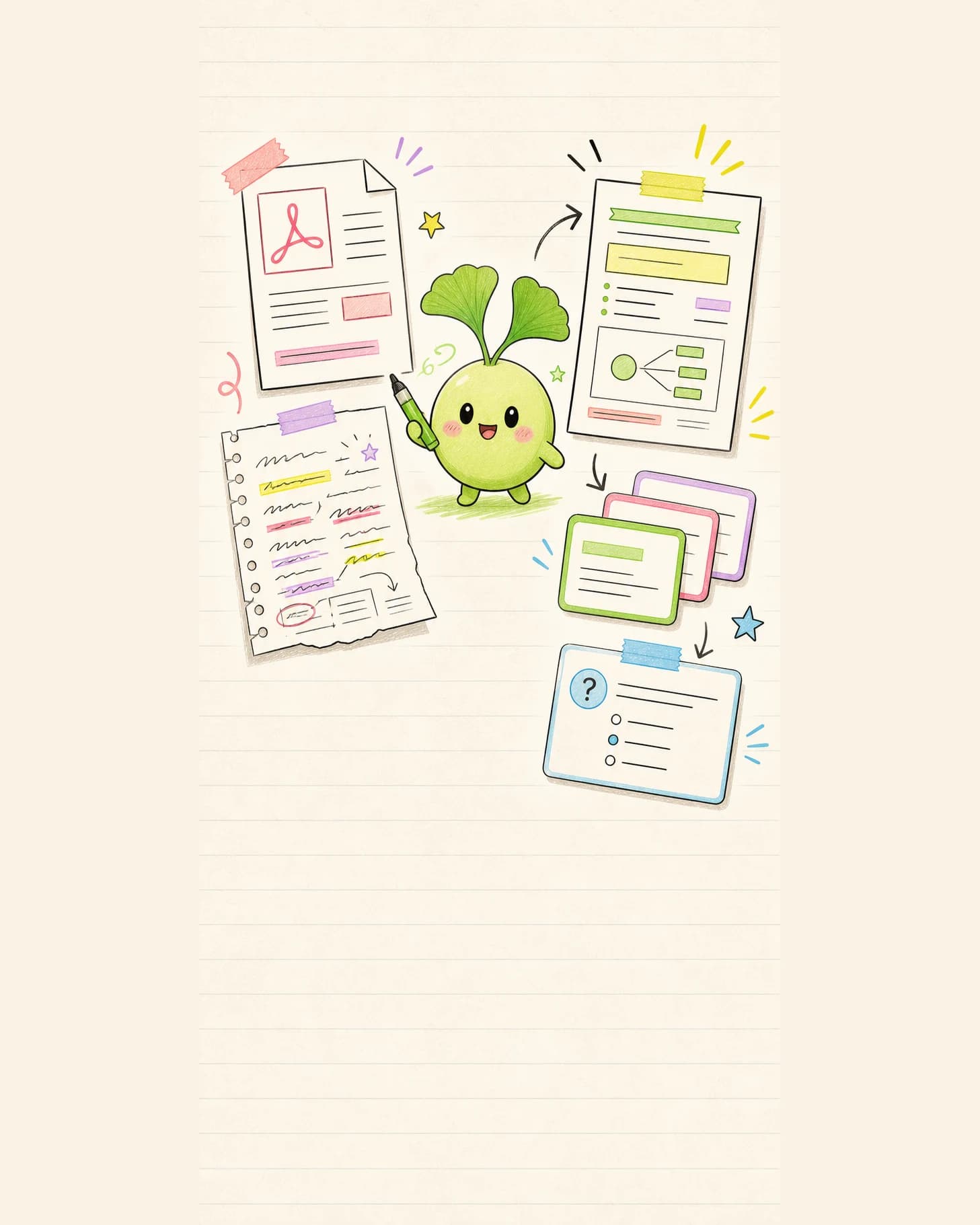 Ginko studying with revision sheets, flashcards and highlighters