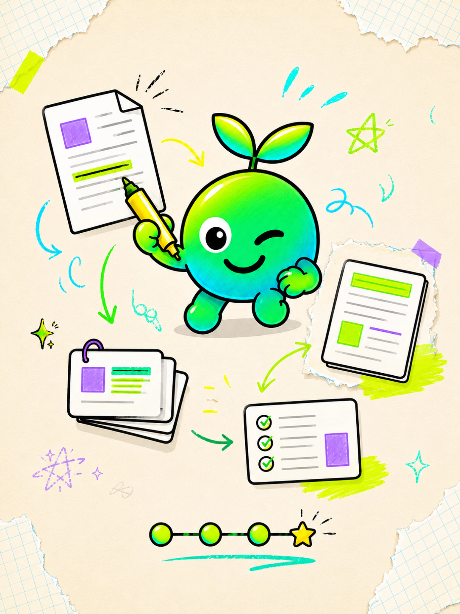 Ginko studying with revision sheets, flashcards and highlighters